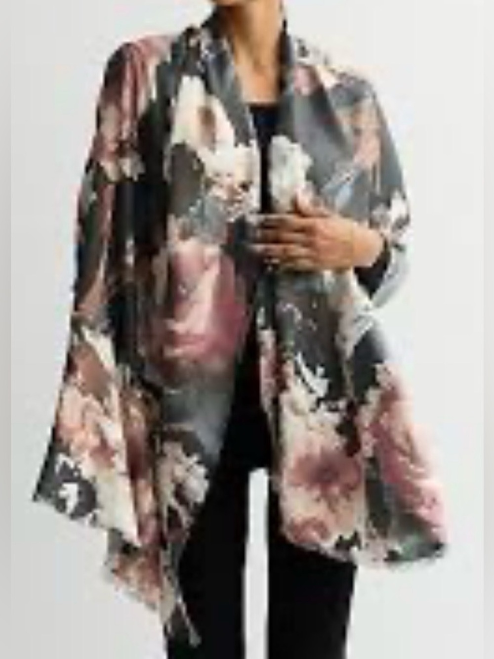 NINE WEST OS Gray and Pink Floral Wrap Scarf